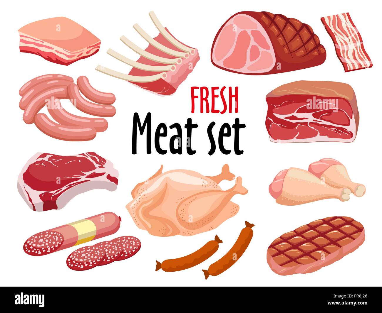 Meat set vector. Fresh meat icons set. Stock Vector