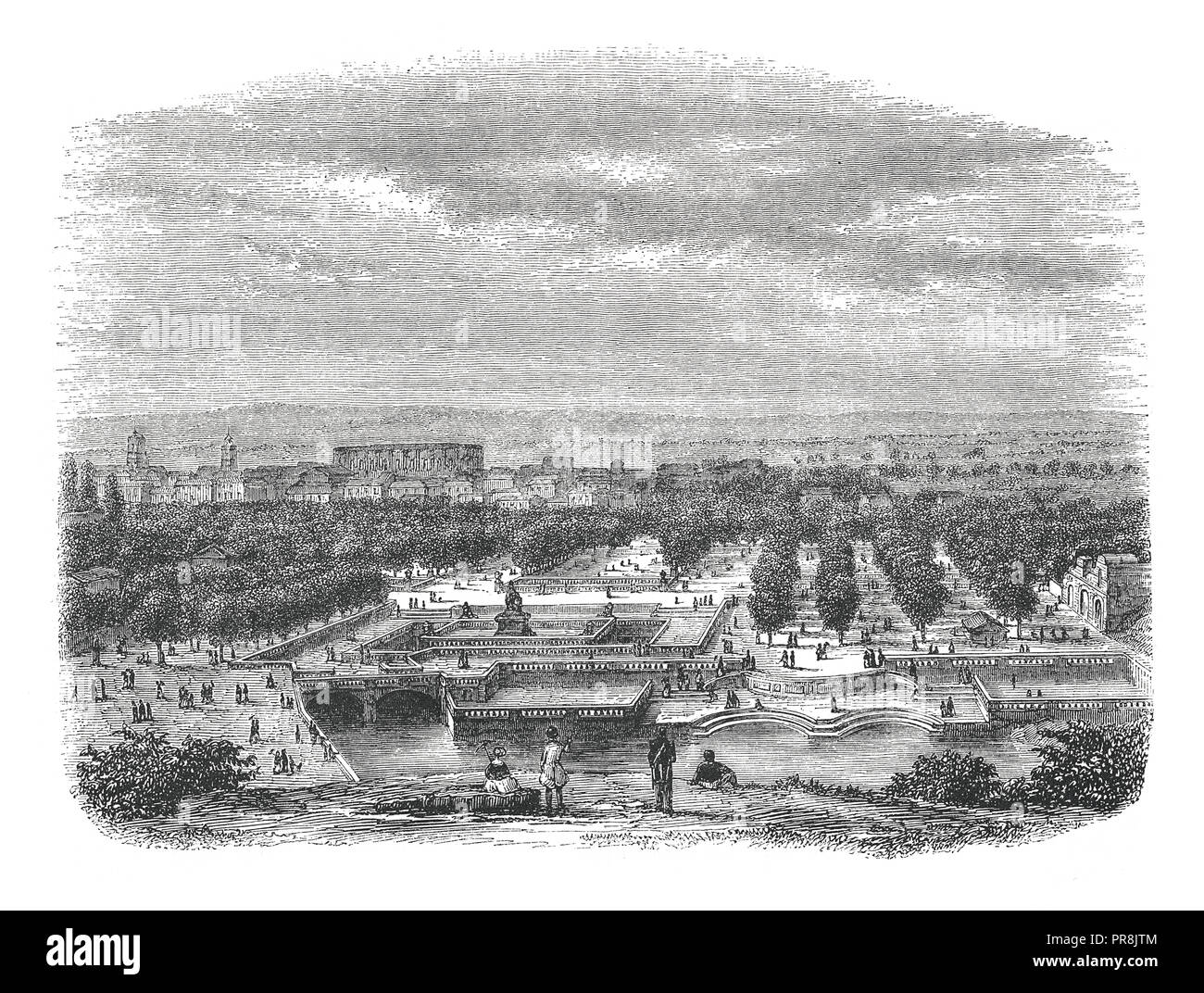19th century illustration of view of Nimes city, from the Garden and the Baths of August (antique engraving). Original artwork published in Le magasin Stock Photo