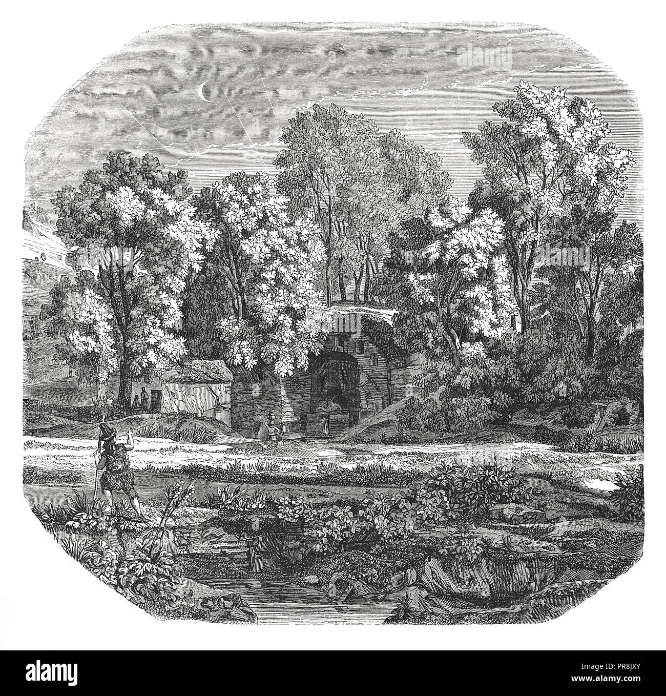 19th century illustration of view of the Fountain Egeria, dedicated to the eponymous ancient Latin Goddess of healing, springs, sacred knowledge and i Stock Photo