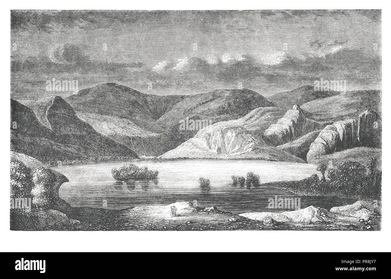 19th century illustration of  view of the lake Chambon, Puy-de-Dome.  Original artwork published in Le magasin Pittoresque by M. A. Lachevardiere, Par Stock Photo