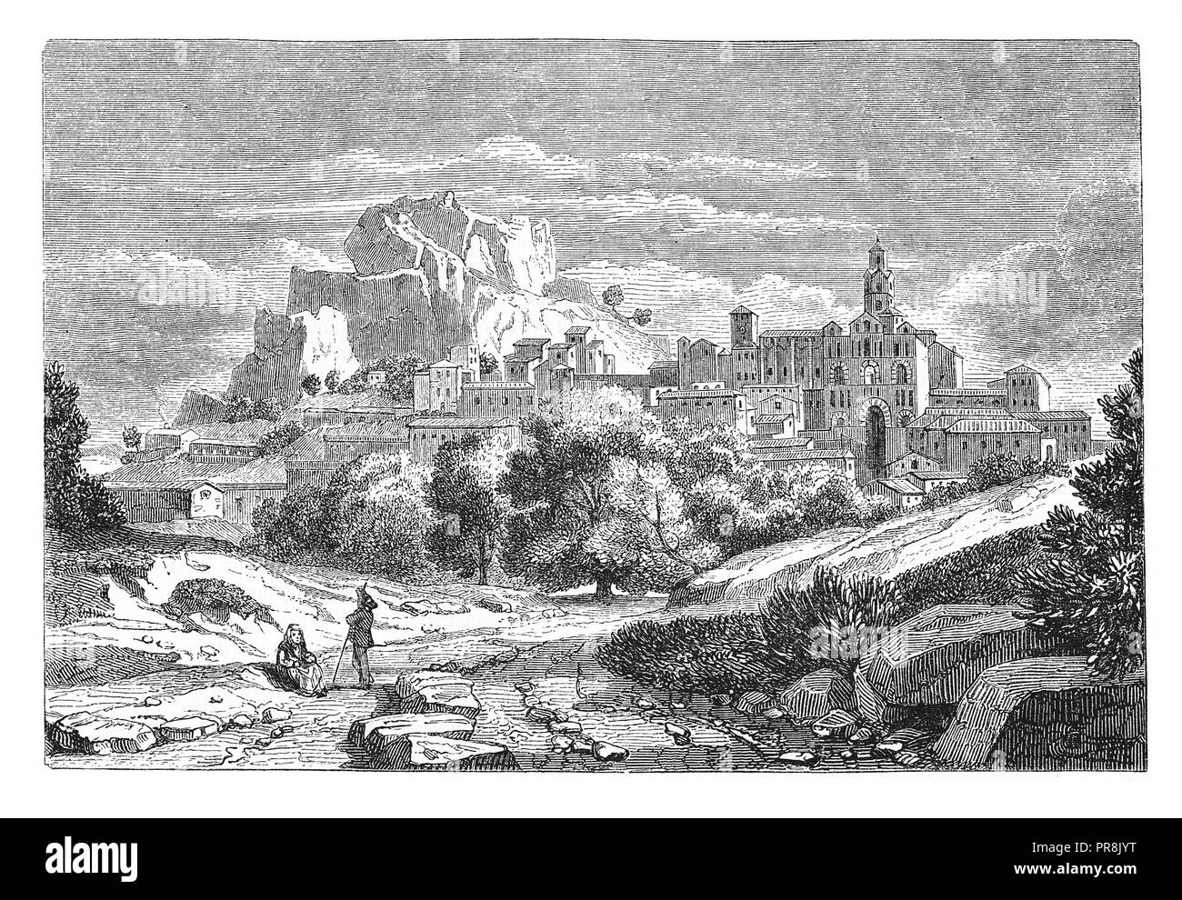 19th century illustration of  view of the town of Puy-en-Velay, prefecture of departament of the Haute-Loire. Original artwork published in Le magasin Stock Photo