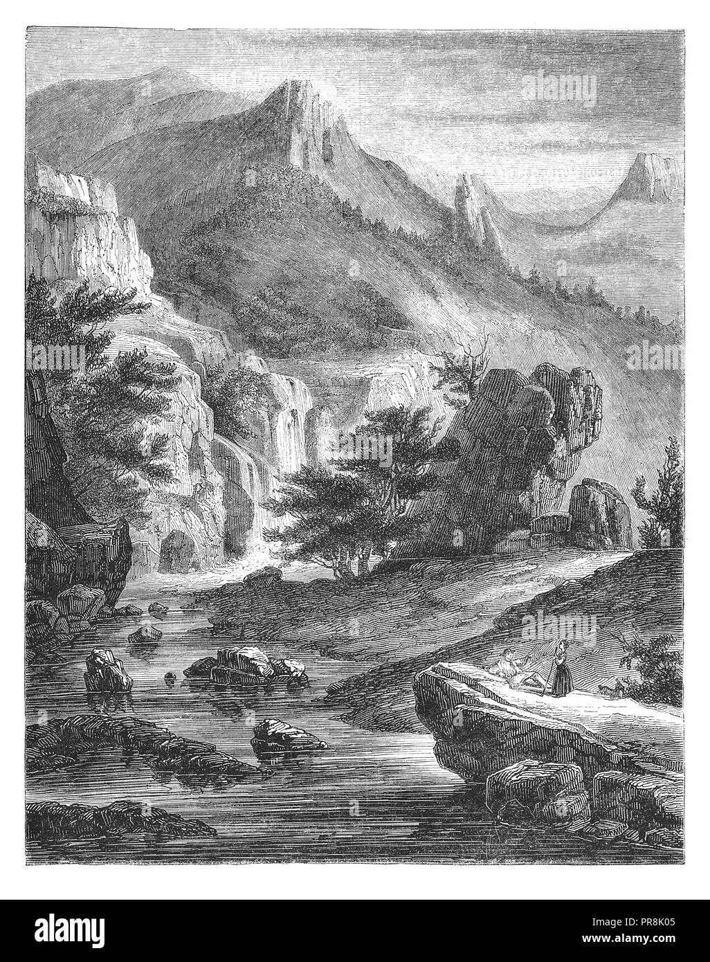 19th century illustration of view of the valley Chaudefour, in the department of Puy-de-Dôme, district of Issoire. Original artwork published in Le ma Stock Photo