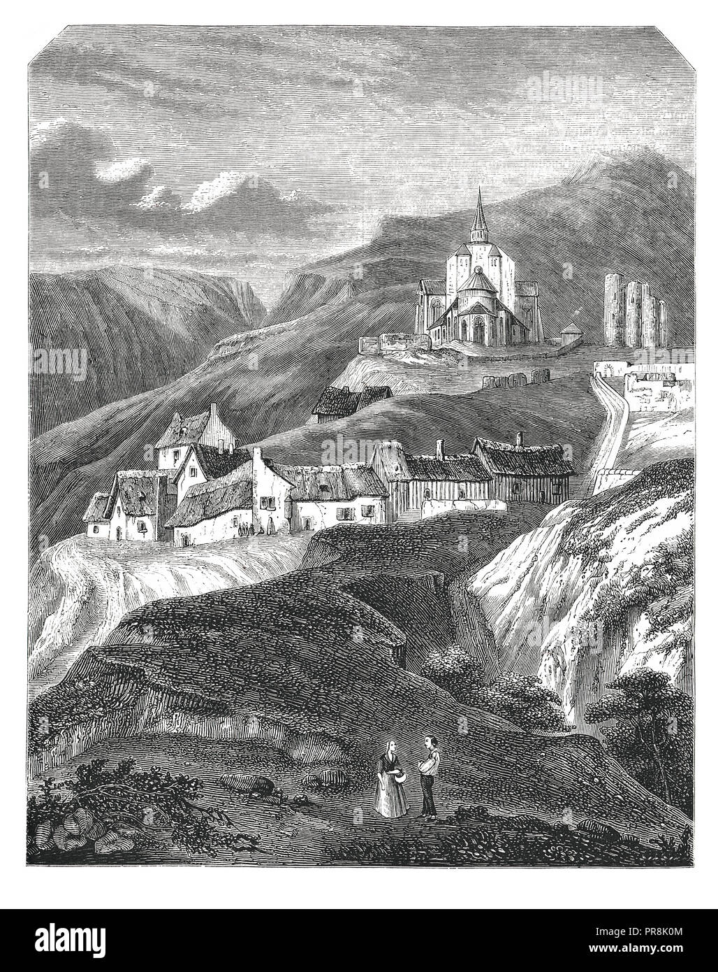 19th century illustration of view of the village of Saint-Nectaire, department of Puy-de-Dome. Original artwork published in Le magasin Pittoresque by Stock Photo