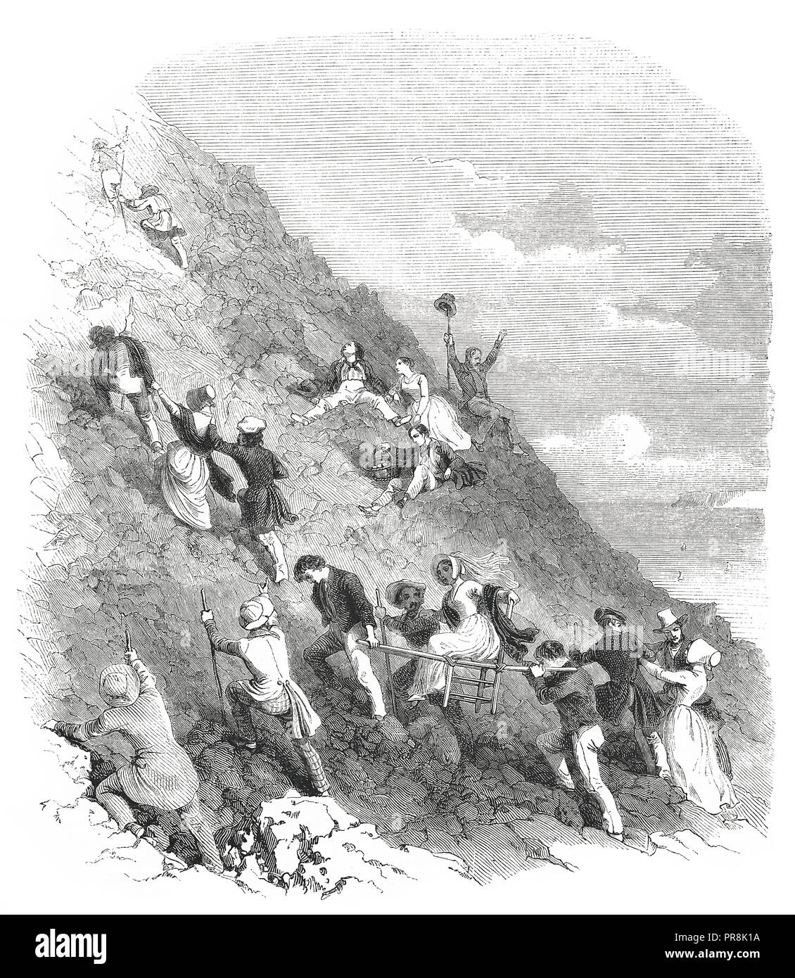 19th century illustration of walk to mount Vesuvius. Original artwork published in Le magasin Pittoresque by M. A. Lachevardiere, Paris, 1846. Stock Photo