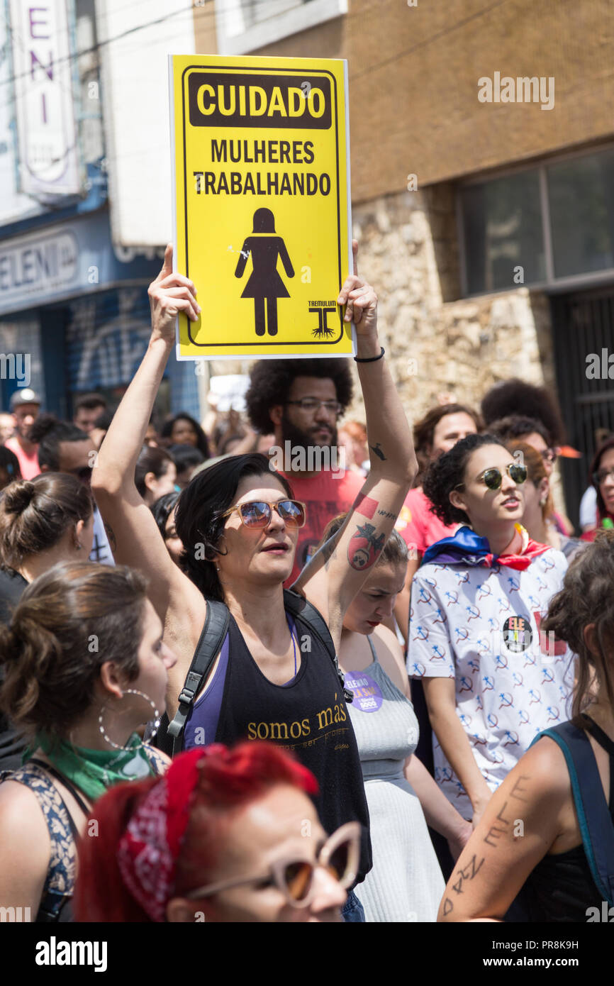 September 29, 2018. Nothim (elenão) mobilization. 'Beware: women at work'.Woman protests against far-right presidential candidate Jair Bolsonaro Stock Photo