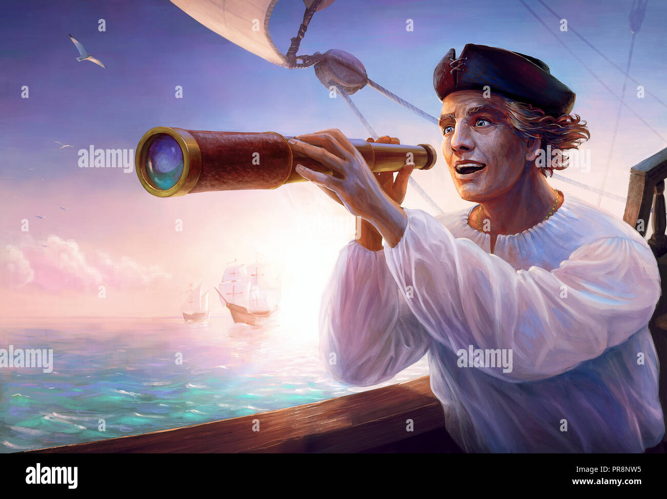 Portrait of medieval explorer Christopher Columbus at the moment of discovery of America, October 1492. Digital painting for Columbus Day. Stock Photo