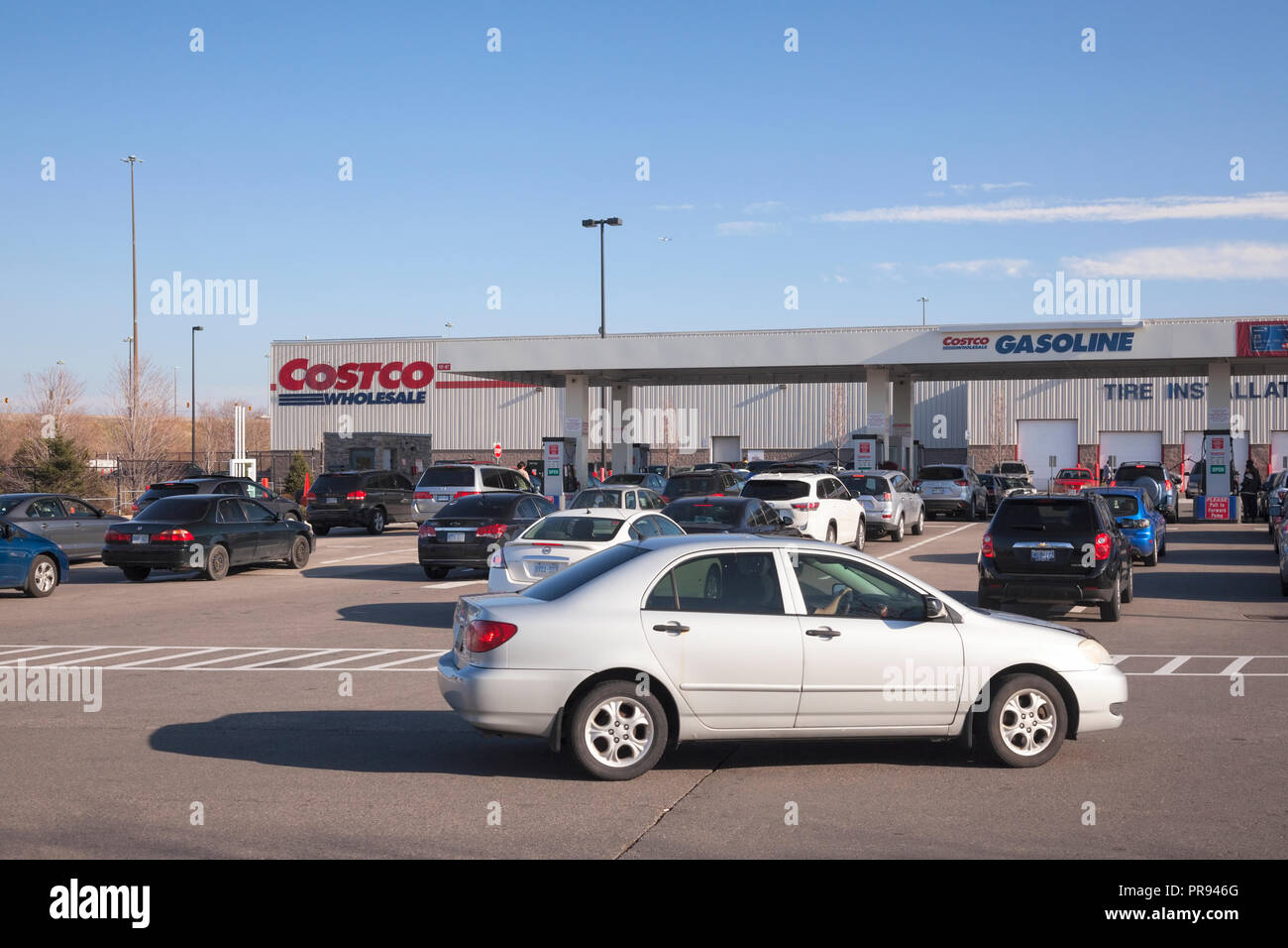 Cars lined up at Costco Gasoline station in Vaughan, Ontario, Canada. Stock Photo