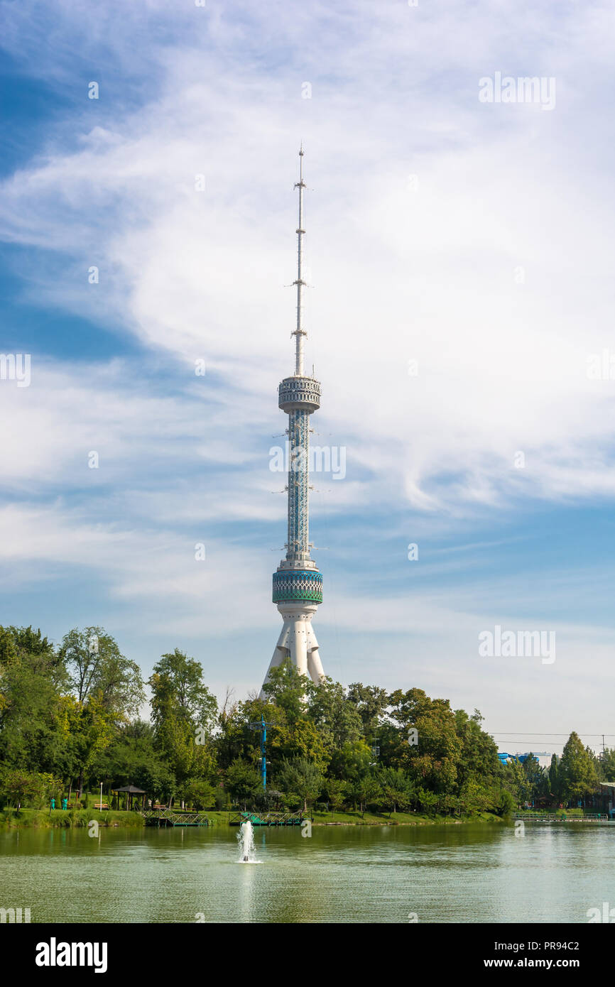 New Tashkent television tower on the banks of a beautiful lake in height 375 meters. Stock Photo