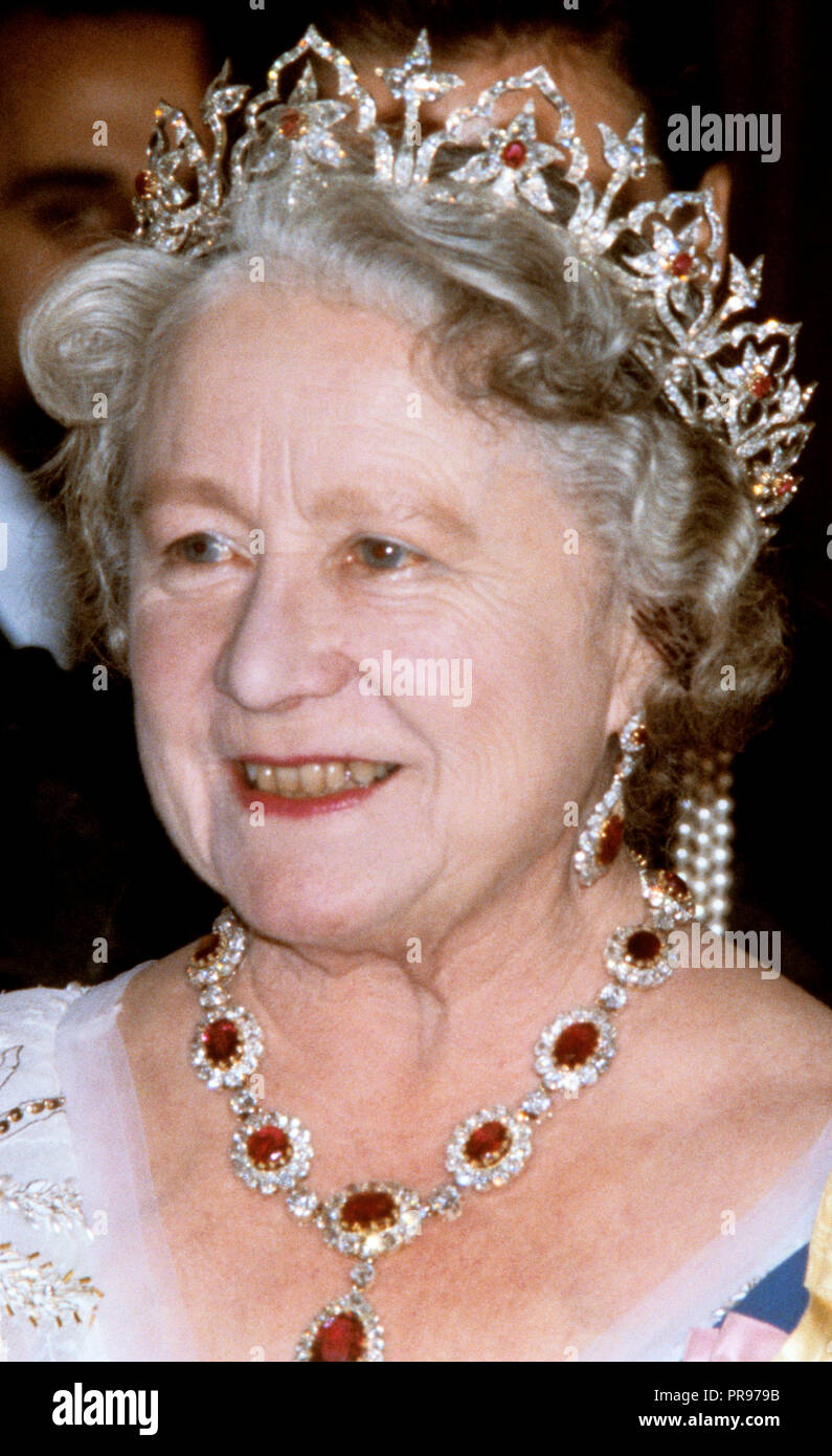 File photo dated 16/11/1978 of the Queen Mother at the Portuguese Embassy wearing The Oriental Circlet Tiara (also known as the Indian Tiara). Princess Eugenie may follow in the footsteps of her mother, Sarah Ferguson, Duchess of York, and wear the York diamond tiara on her wedding day. Stock Photo