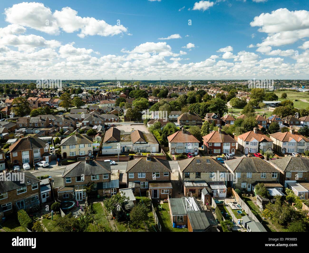 Aerial view of suburban houses in Ipswich, UK. View from backyard. Nice