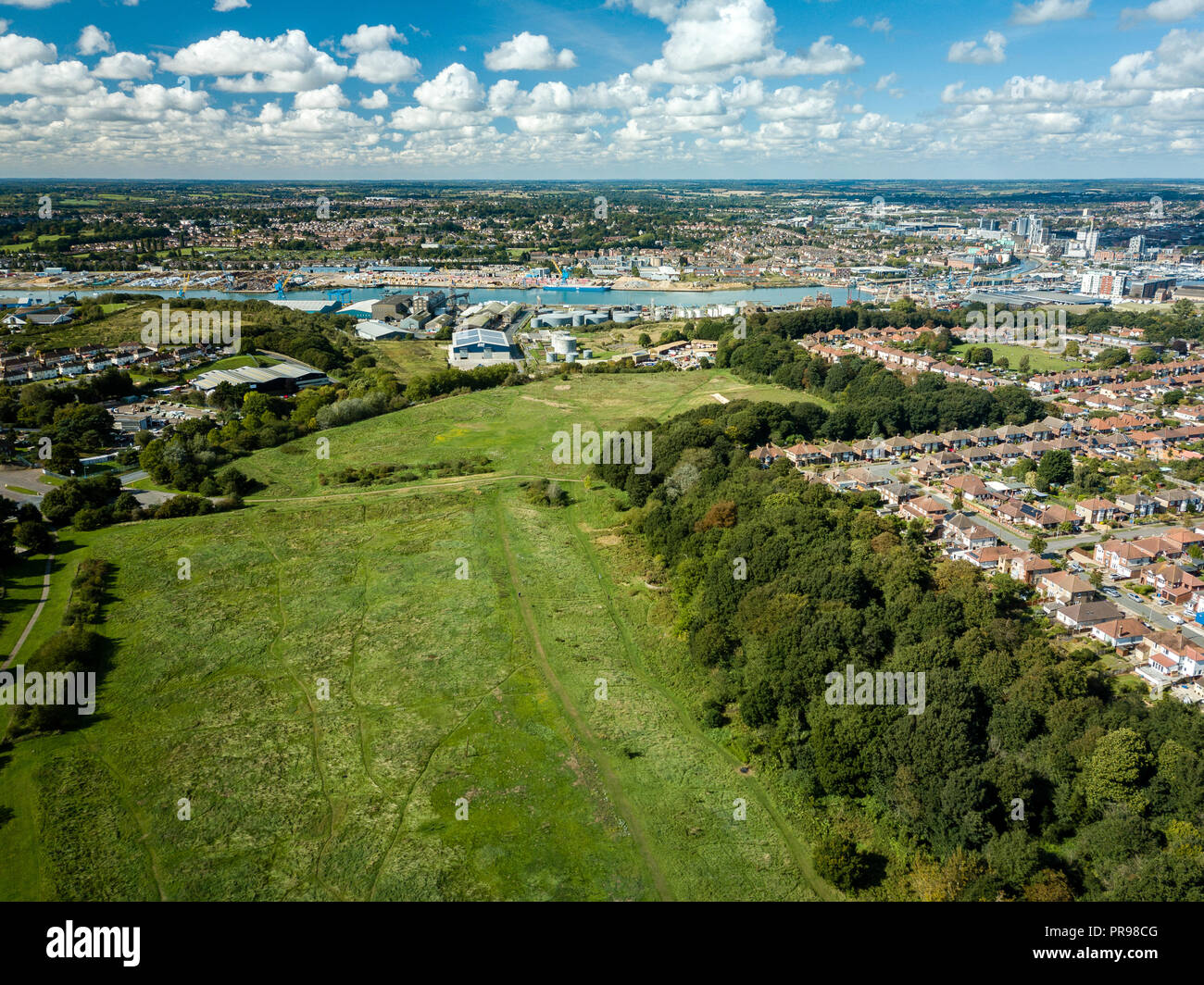 Aerial view of suburban houses in Ipswich, UK. River Orwell and marina
