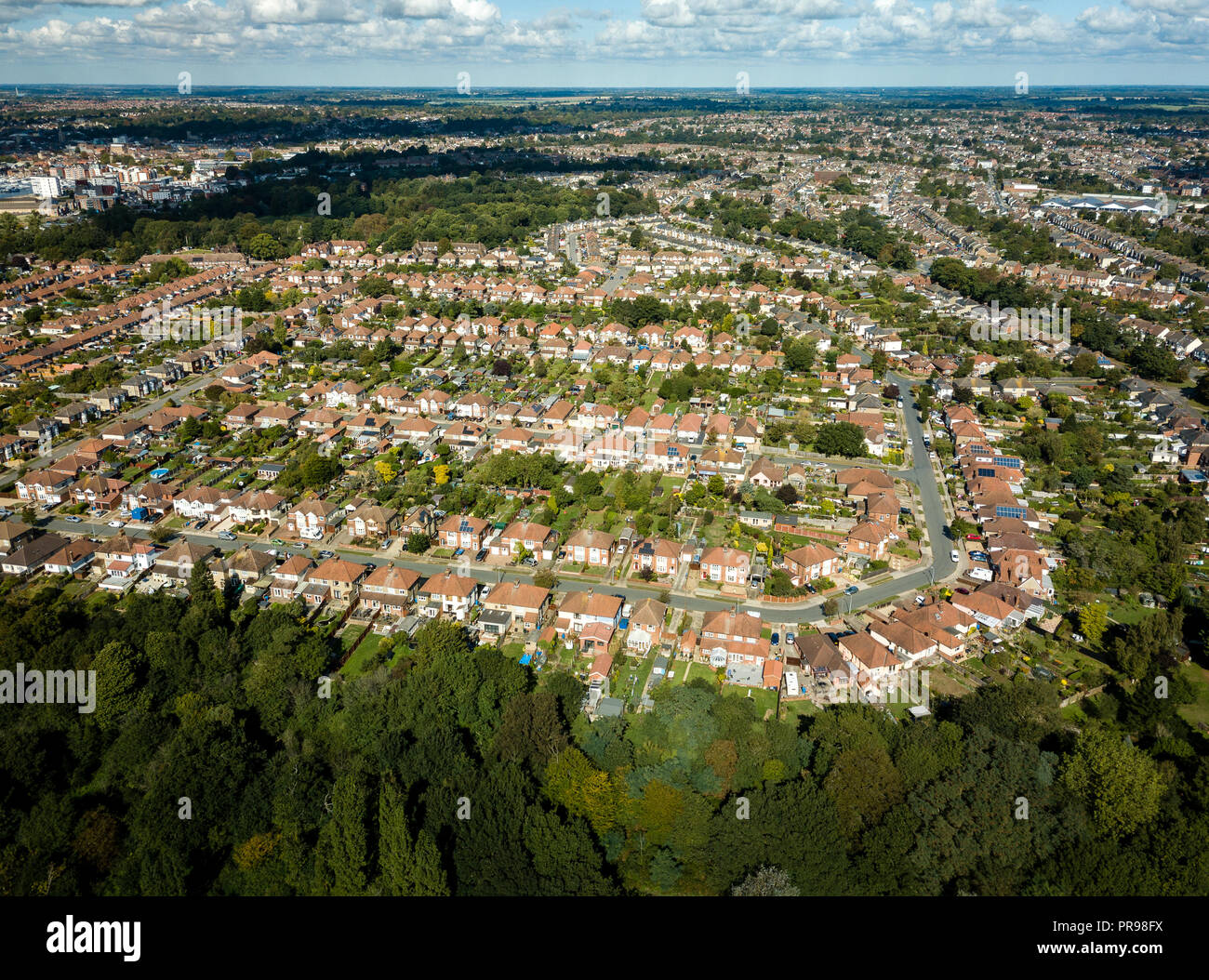 Aerial view of suburban houses in Ipswich, UK. Park with trees in