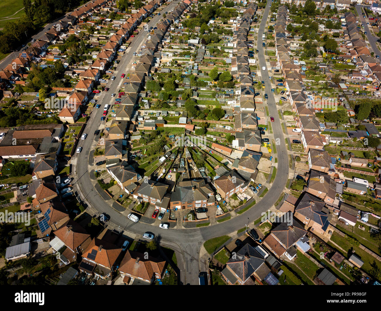 Aerial view of suburban houses in Ipswich, UK. U shaped street. Nice