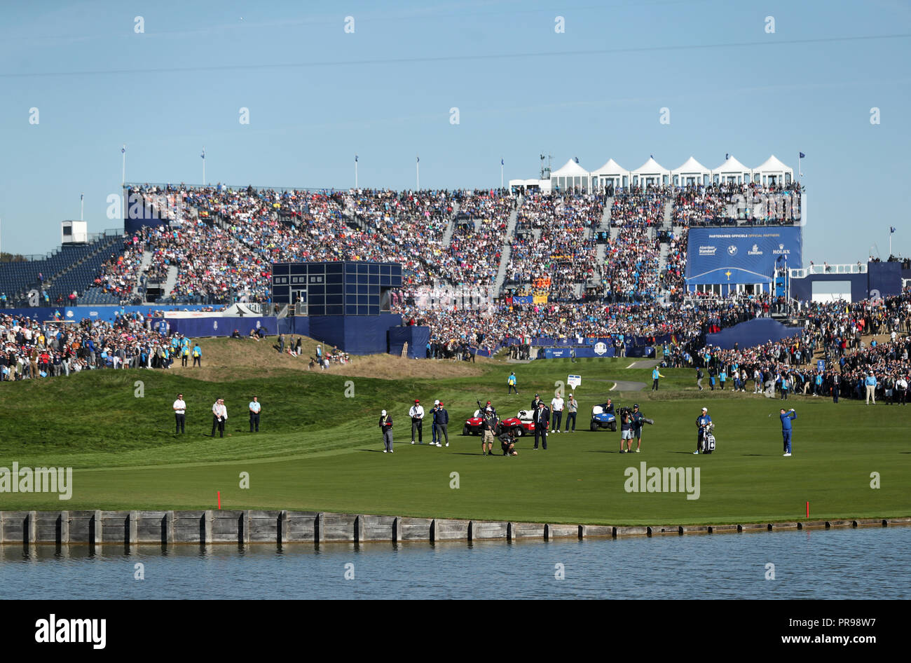 Team Europe's Rory McIlroy plays from the 1st fairway during the Singles match on day three of the Ryder Cup at Le Golf National, Saint-Quentin-en-Yvelines, Paris. Stock Photo