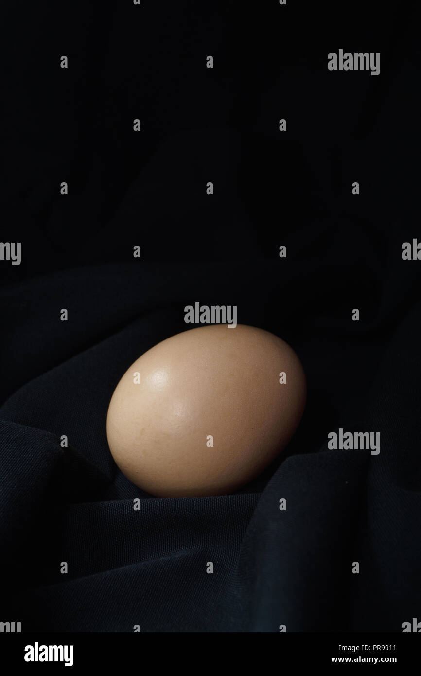 Eggs in a nest on hemp sack, dark corner. Stock Photo