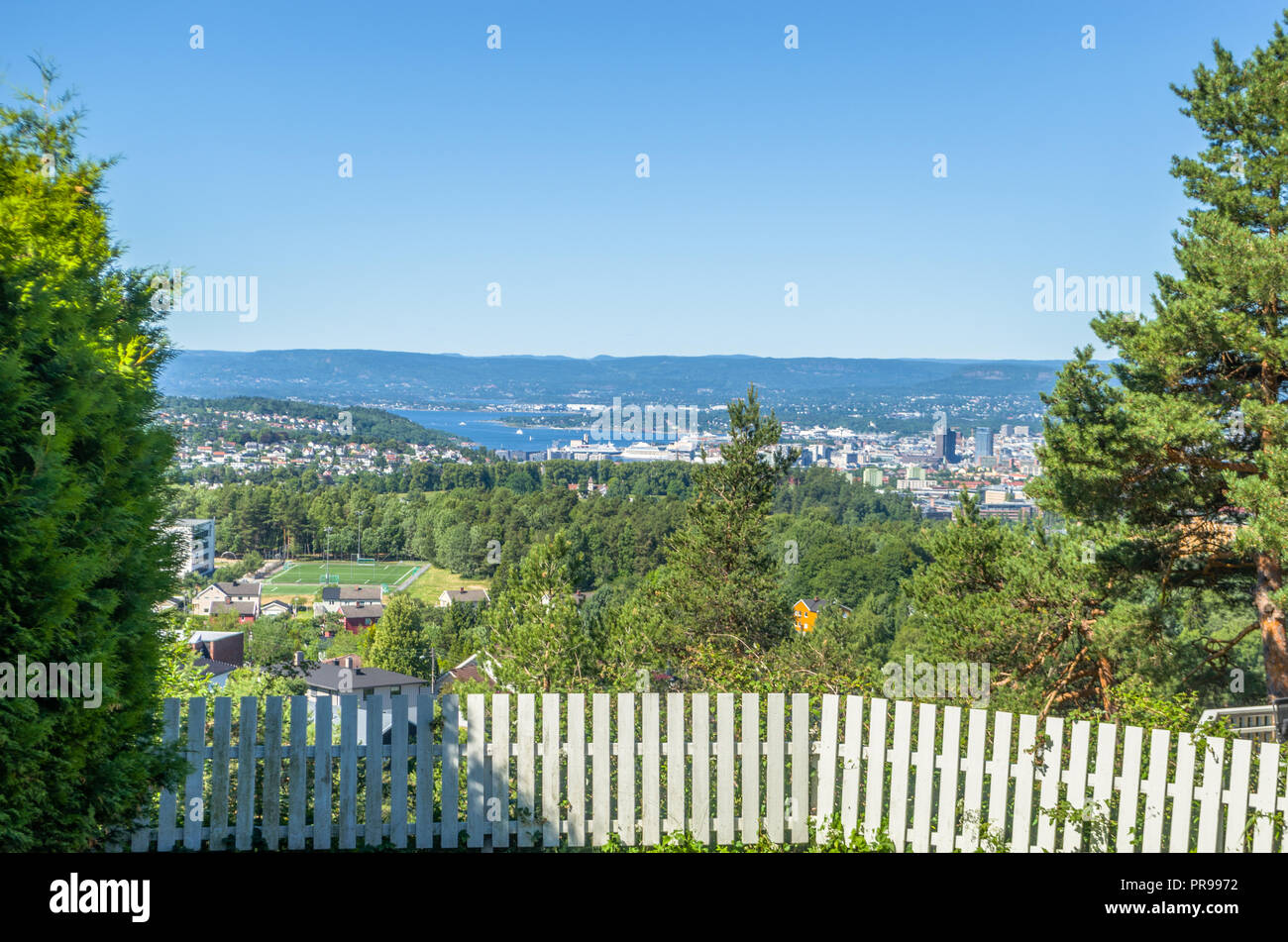 Long range view of Oslo centrum and Oslofjord, viewed from Hellerud in Oslo, Norway. Stock Photo