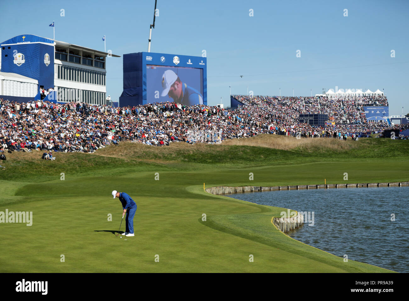 Team Europe's Justin Rose putts during the Singles match on day three of the Ryder Cup at Le Golf National, Saint-Quentin-en-Yvelines, Paris. Stock Photo
