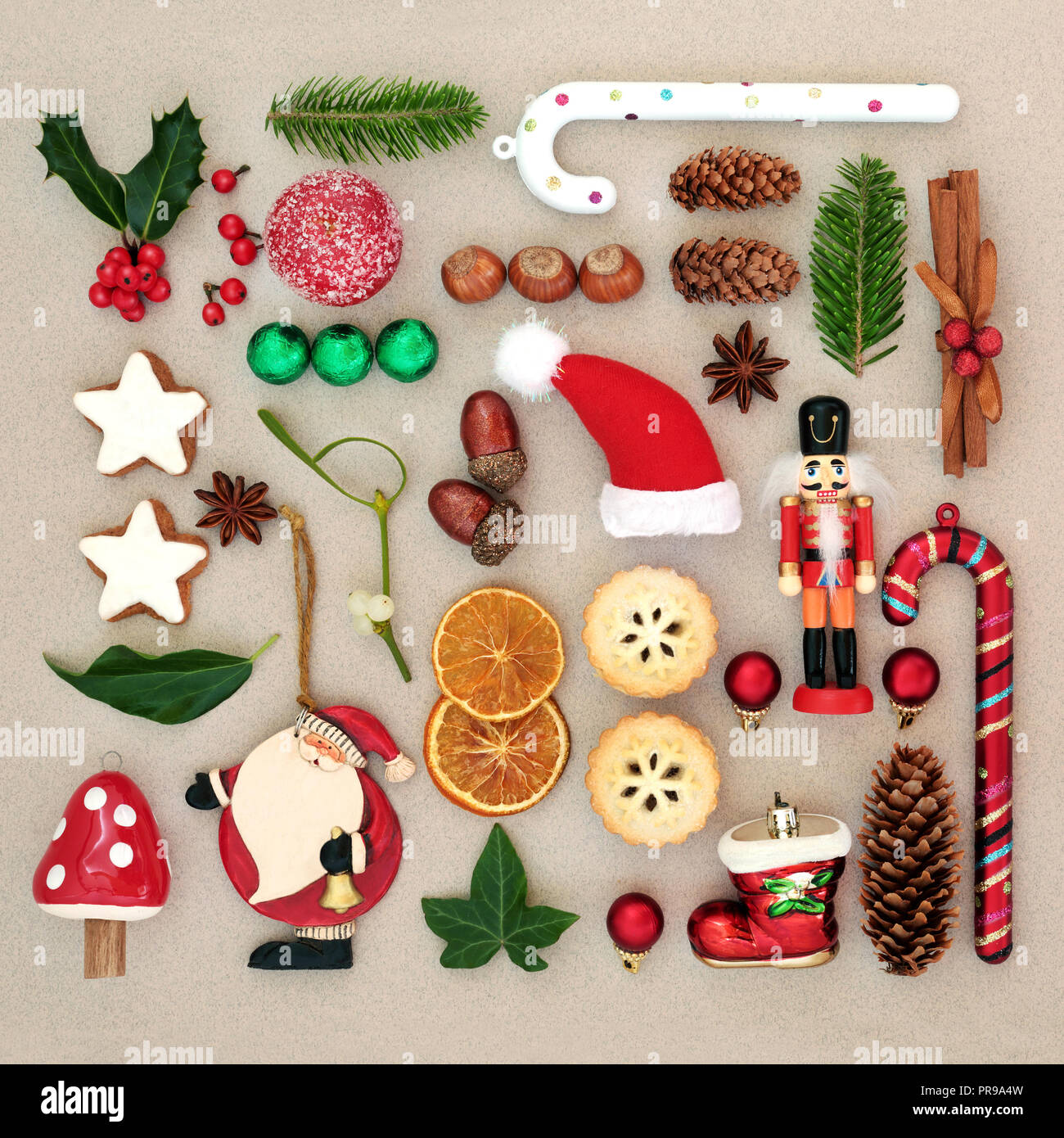 Traditional Symbols Of Christmas Selection With Food Old