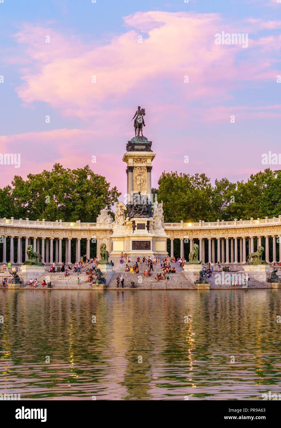 The Retiro Park is located downtown Madrid, Spain. It belonged to the Spanish Monarchy until the late 19th century, now it is a public park. Stock Photo