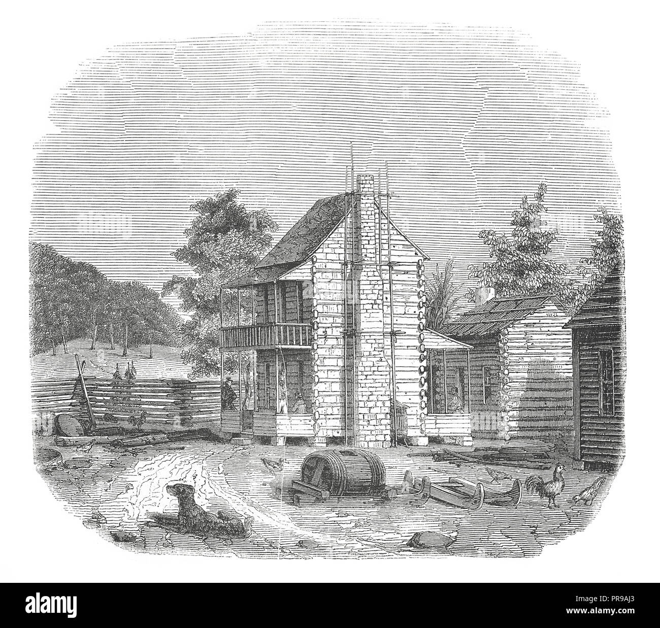 19th century illustration of American farm in the state of Virginia (antique engraving). Original artwork published in Le magasin Pittoresque by M. A. Stock Photo