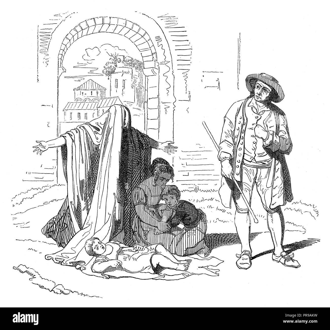 19th century illustration the Beggar by Pinelli. Original artwork published in Le magasin Pittoresque by M. A. Lachevardiere, Paris, 1846. Stock Photo