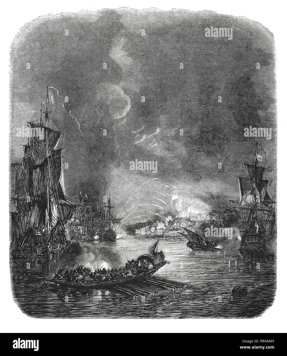 19th century illustration of Bombardment of Algiers at the night of August 30, 1682 (during the French-Algerian War (1681-1688) - After antique print. Stock Photo