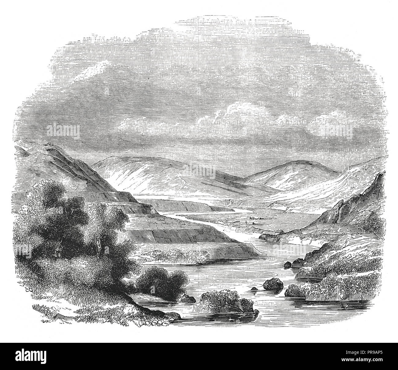 19th century illustration of Confluence of the valleys of Glen Roy and Glen Turit, Scotland. Original artwork published in Le magasin Pittoresque by M Stock Photo