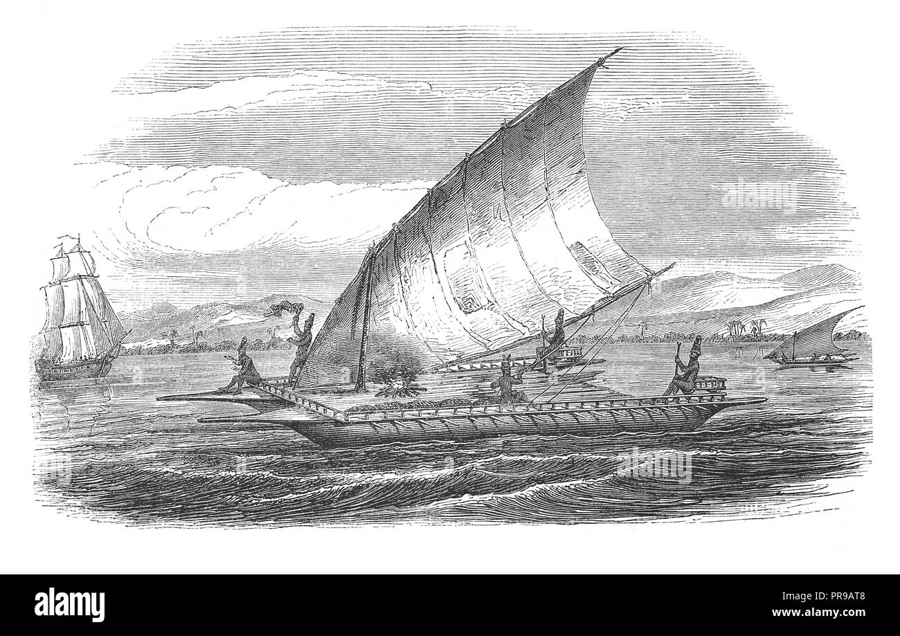 19th century illustration of Double canoe in New Caledonia. Original artwork published in Le magasin Pittoresque by M. A. Lachevardiere, Paris, 1846. Stock Photo