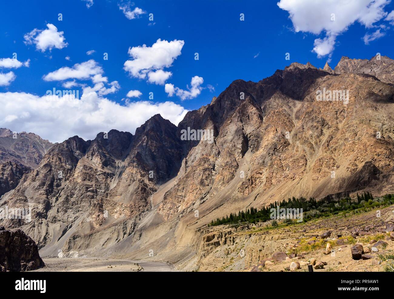 Image of Thang village from the last army post on the Indian side. Thang is a part of Turtuk village, which was under Pakistan's control until 1971. Stock Photo