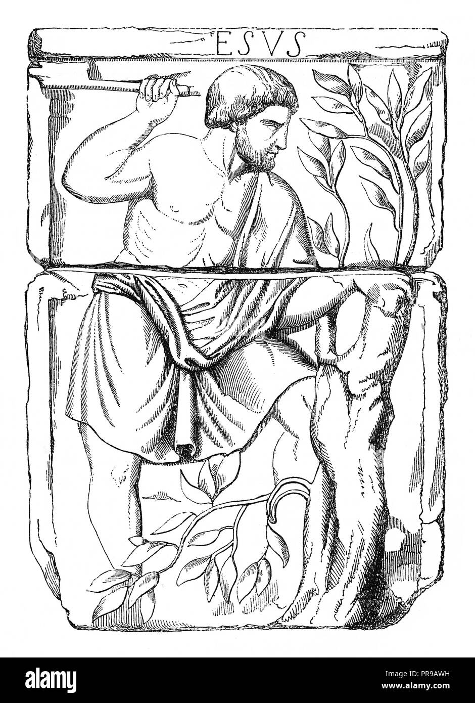 19th century illustration of Esus, a Gaulish god.  Detail from Gaulish altars found in the foundations of Notre Dame in 1771, currently on display at  Stock Photo