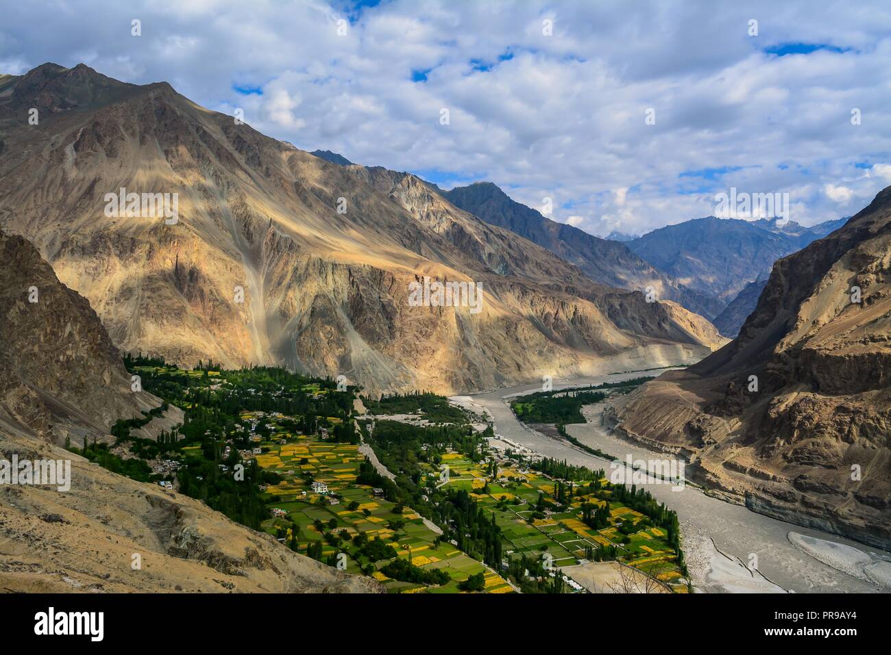 Turtuk is a village in north-eastern part of Ladakh in Jammu and Kashmir, India. It is sandwiched between the Himalaya and Karakoram mountain ranges. Stock Photo
