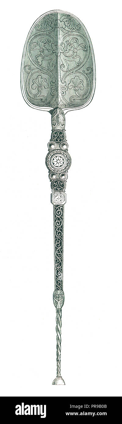19th century illustration of a golden spoon from 12th century. Original artwork published in Le magasin Pittoresque by M. A. Lachevardiere, Paris, 184 Stock Photo