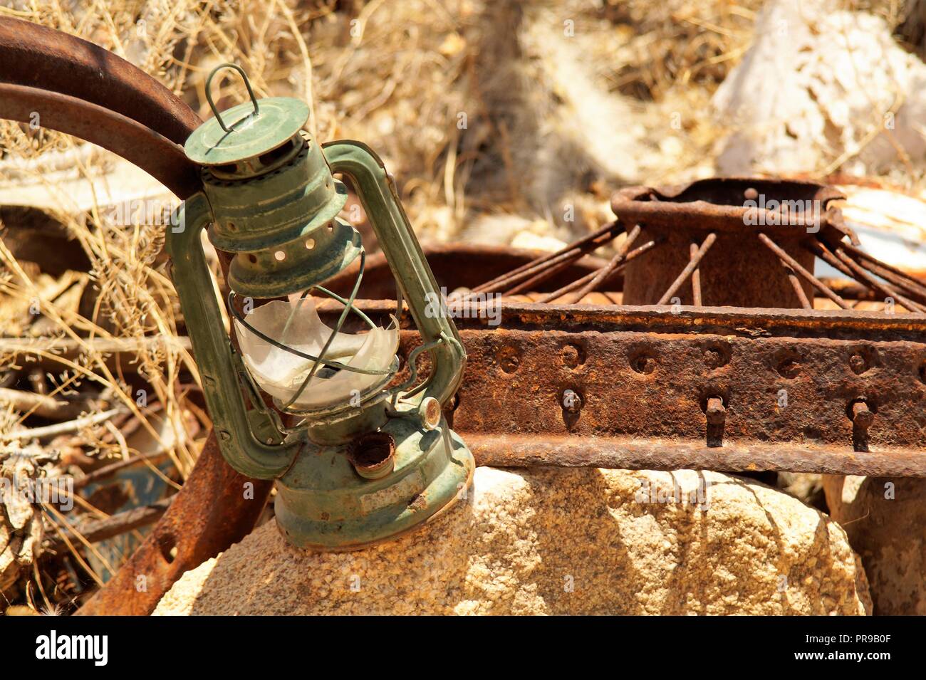 still life on the roadside with an old Petroleum lamp Stock Photo Alamy