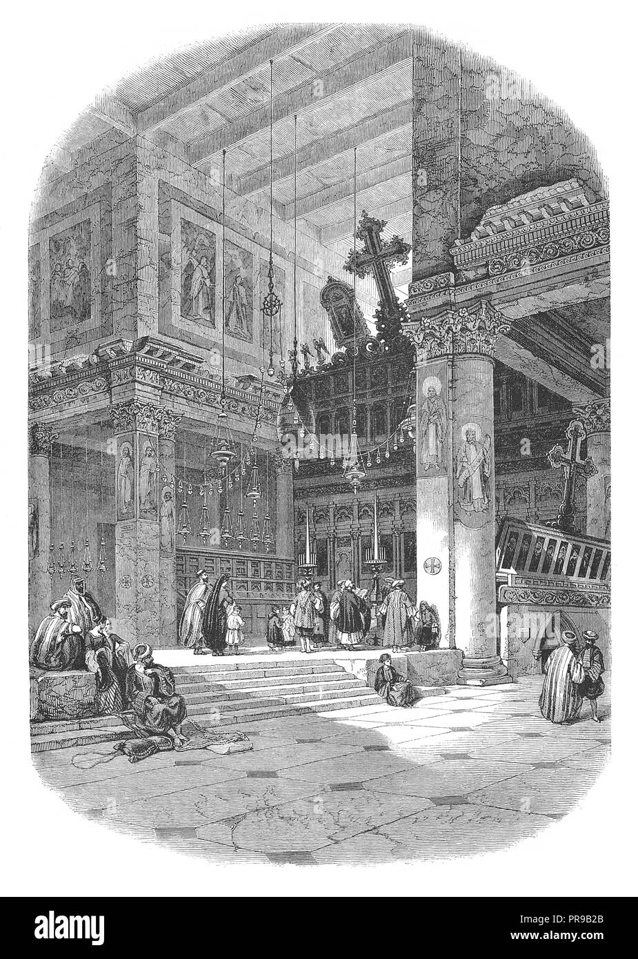 19th century illustration of an interior view of the Santa Maria church , founded by St. Helena in Bethlehem. Original artwork published in Le magasin Stock Photo