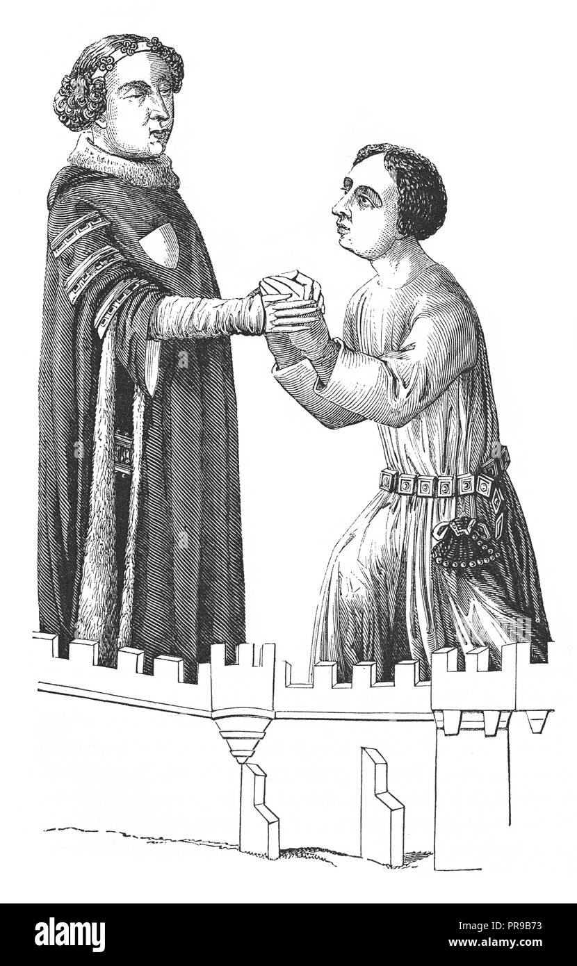 19th century illustration of a scene with Louis II de Bourbon as receiving the homage of his vassals. After a manuscript, 1370. Original artwork publi Stock Photo