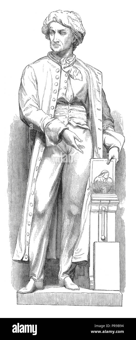 19th century illustration of Alois Senefelder, one of the inventors of lithography - Statue by Maindron, exposed in Salon de 1846 Stock Photo