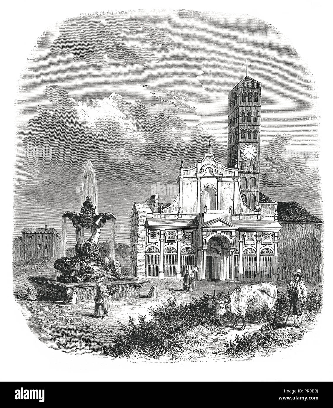 19th century illustration of the church Santa Maria in Cosmedin, Rome. Original artwork published in Le magasin Pittoresque by M. A. Lachevardiere, Pa Stock Photo
