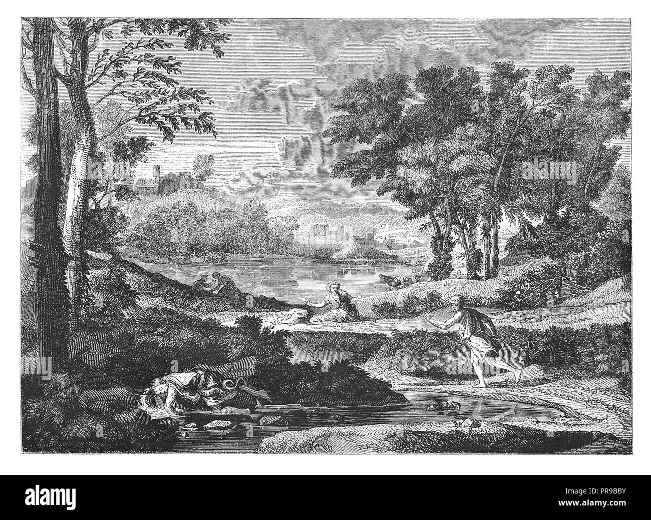 19th century illustration of a landscape with a Man Killed by a Snake or The effects of terror by Nicolas Poussin since 1648. Original artwork publish Stock Photo