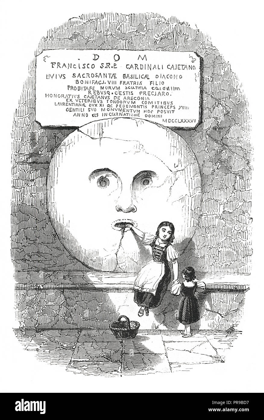 19th century illustration of the mouth of Truth, under the peristyle of Santa Maria in Cosmedin in Rome. Original artwork published in Le magasin Pitt Stock Photo