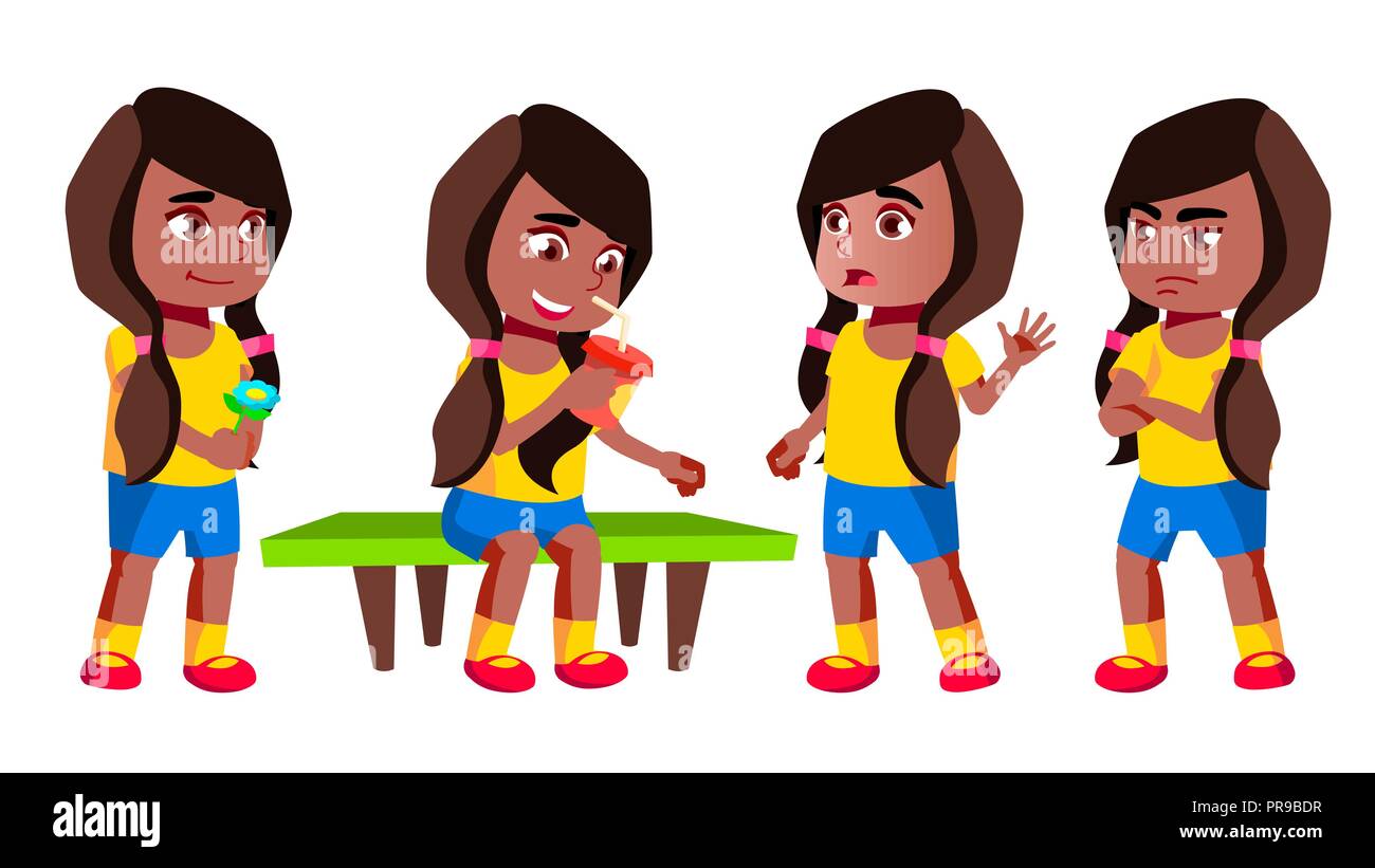 Girl Kindergarten Kid Poses Set Vector. Black. Afro American. Preschool ...