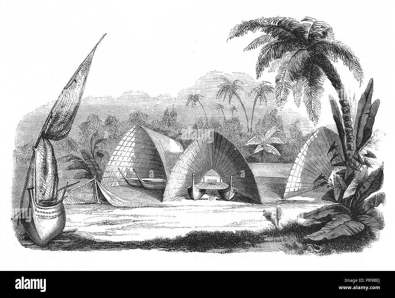 19th century illustration of Tonga Tabu. (Central Polynesia. Hangars of the fleet). Original artwork published in Le magasin Pittoresque by M. A. Lach Stock Photo