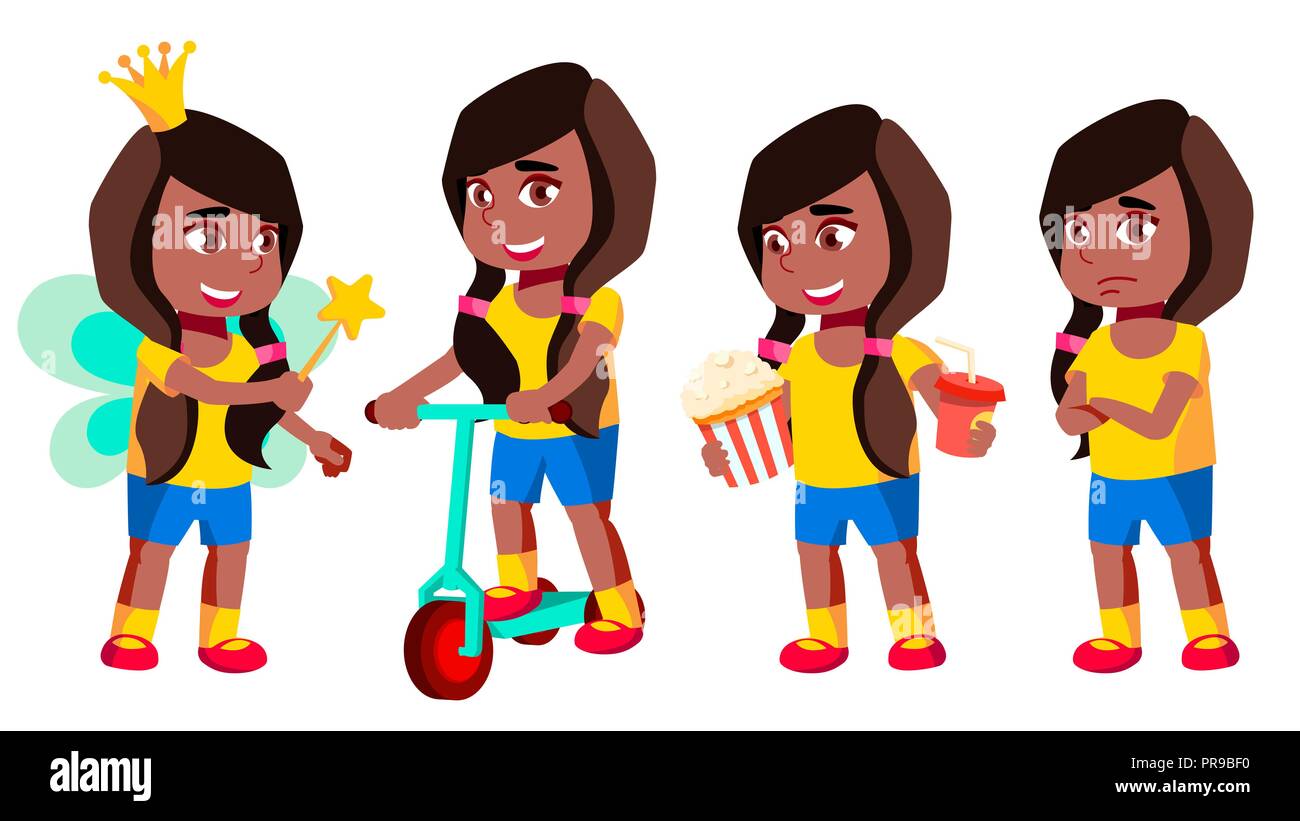 Girl Kindergarten Kid Poses Set Vector. Black. Afro American. Preschool ...