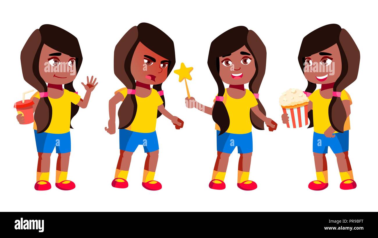 Girl Kindergarten Kid Poses Set Vector. Black. Afro American. Pretty ...