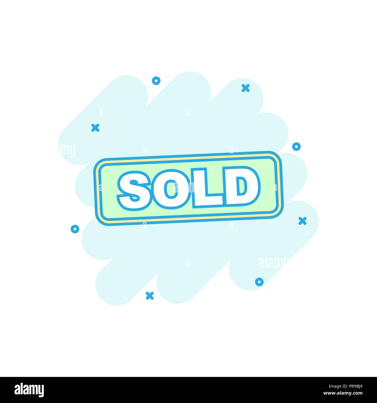 Cartoon colored SOLD stamp icon in comic style. Sale tag illustration pictogram. Market sell sign splash business concept. Stock Vector