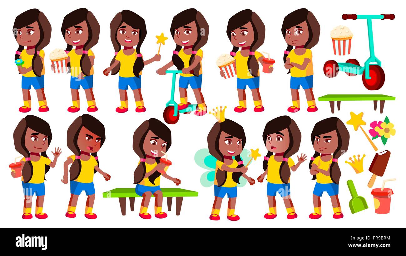 Girl Kindergarten Kid Poses Set Vector. Black. Afro American. Baby ...