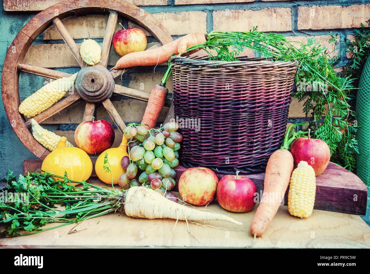 Still life of fruits and vegetables in autumn. Rural food scene. Retro ...