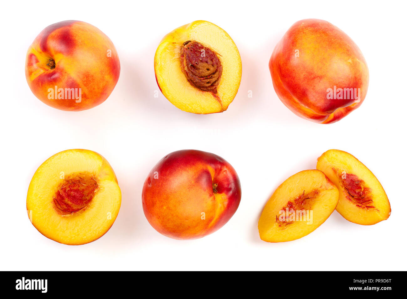ripe nectarine isolated on white background. Top view. Flat lay pattern. Set or collection Stock Photo