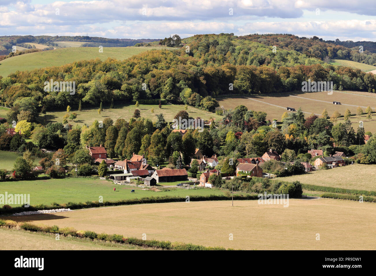 English Landscape overlooking the Hamlet of Fingest  in the Chiltern Hills Stock Photo