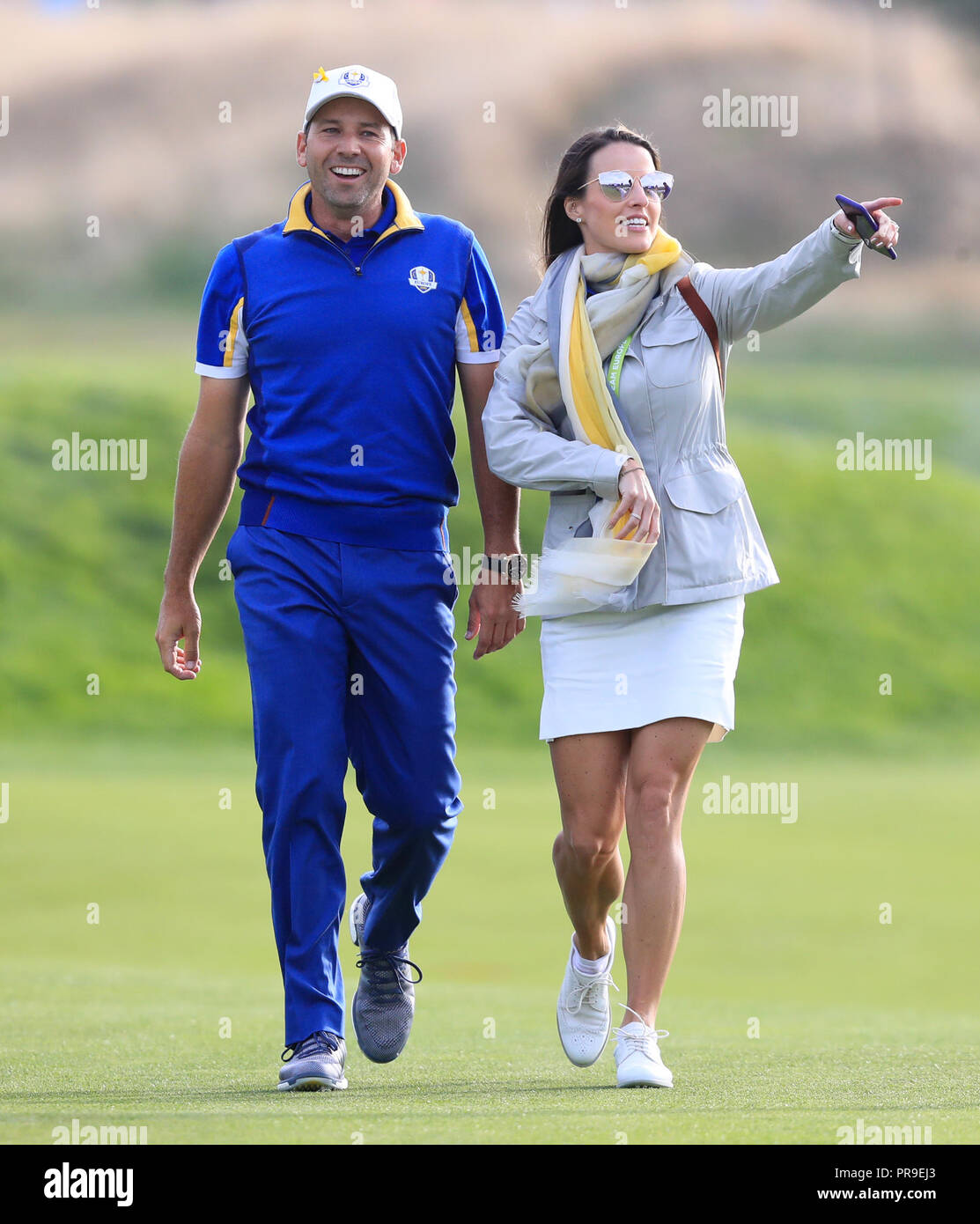 Team Europe's Sergio Garcia celebrates with wife Angela Akins Garcia after his side win the Ryder Cup at Le Golf National, Saint-Quentin-en-Yvelines, Paris. Stock Photo