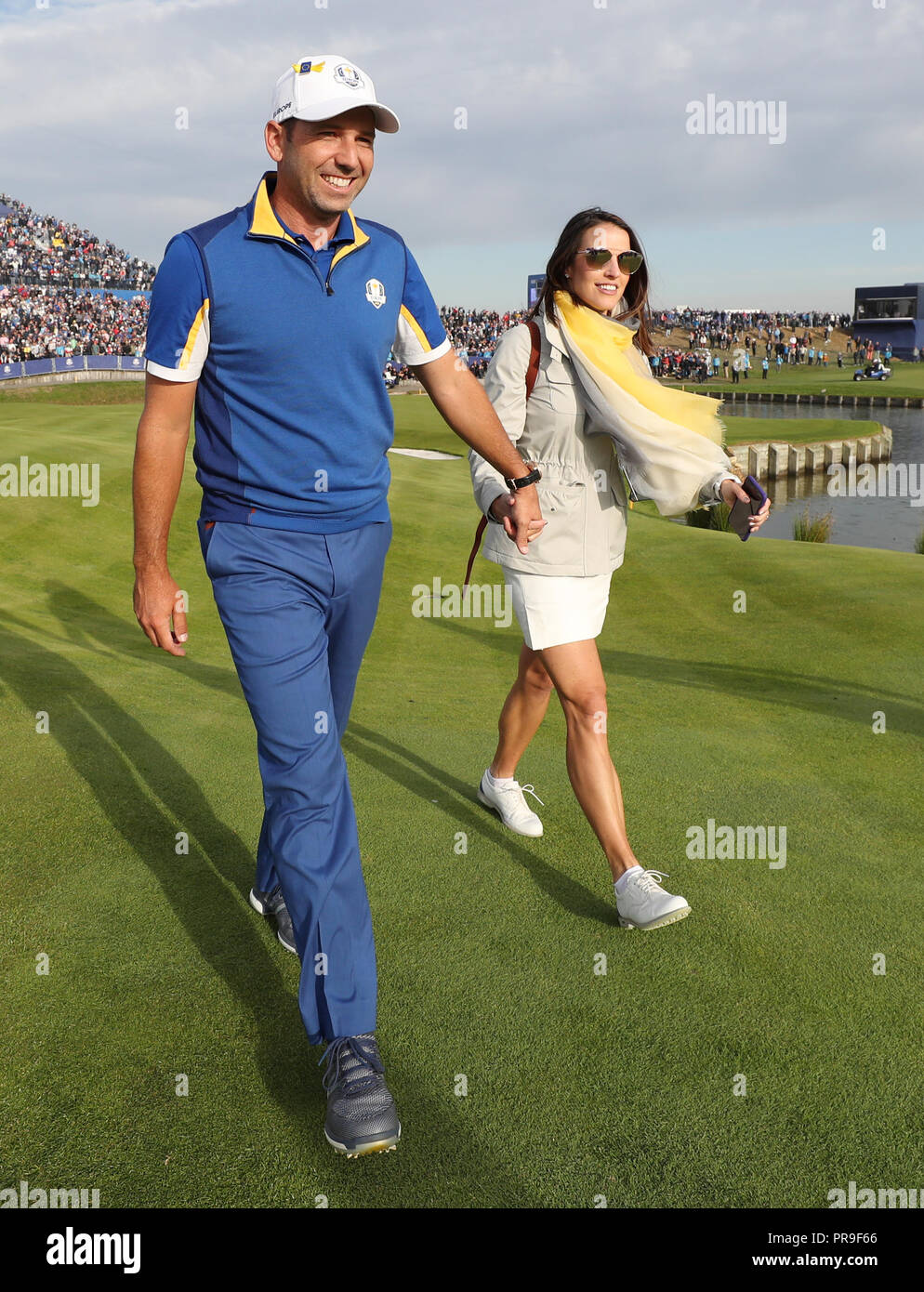 Team Europe's Sergio Garcia celebrates winning the Ryder Cup with wife Angela at Le Golf National, Saint-Quentin-en-Yvelines, Paris. Stock Photo